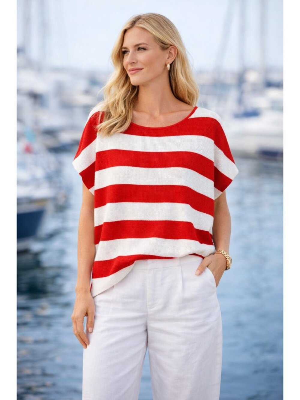 Cyrus Waffle Caftan Sweater Orange-Red & White Striped Size XS Women's